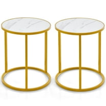 2PCS 16''x16'' Modern Round End Table Side Table with Marble Top, Golden Metal Frame, Gold