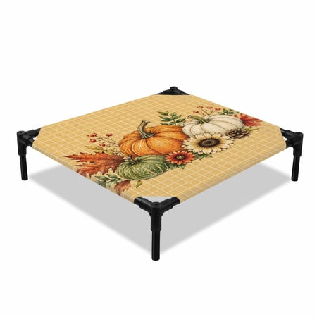 Thanksgiving Fall Elevated Dog Bed Rustic Orange White Green Pumpkin Yellow Gingham Cooling Breathable Outdoor Raised Dog Cot Bed with Metal Frame Non-Slip Feet for Small Dog 20x20in