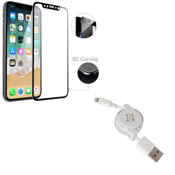 iPhone XS/X - Retractable USB Cable w Tempered Glass Screen Protector - Charger Power Cord Sync Wire Fast Charge, 5D Touch Curved Edge Full Cover Bubble Free Case Friendly 9H Hardness