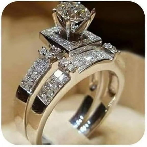 Clearance under $5 Chic Women Perfectly Cut top Crystal Round Cut Luxury White Sapphire Silver Ring Set Wedding Engagement Jewelry Gift Size6-1012