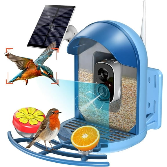 Bird Feeder with Camera, 2K HD Camera Birds Feeder with Bath Wireless Outdoor, Solar Powered Bird Watching with APP Control, Night Vision, Motion Detection Alerts, IP66 Birdfeeder for Backyard, Blue