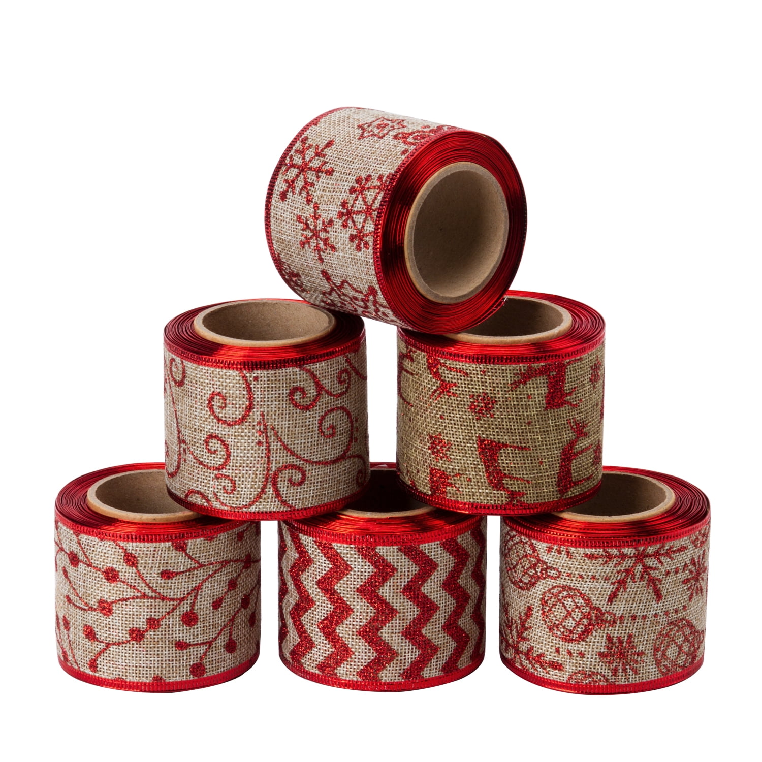 WRAPAHOLIC Red Christmas Holiday Ribbon -6 Rolls Glitter Burlap Ribbon with Wired Edge - 2.5 