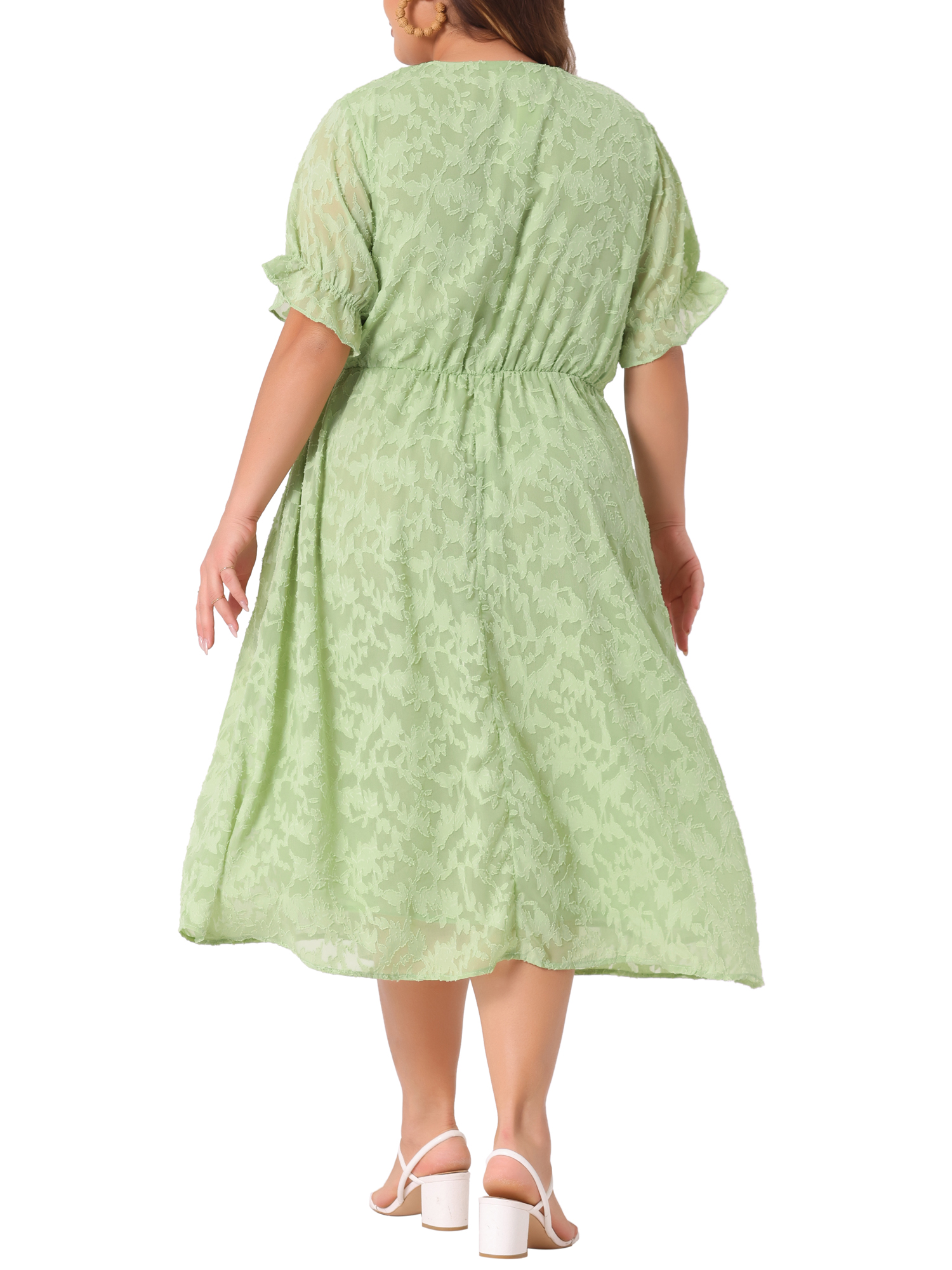 DARING DIVA Plus Size Midi Bubble Sleeve Semi Sheer Fit Flare Dress 4X Grass Green
