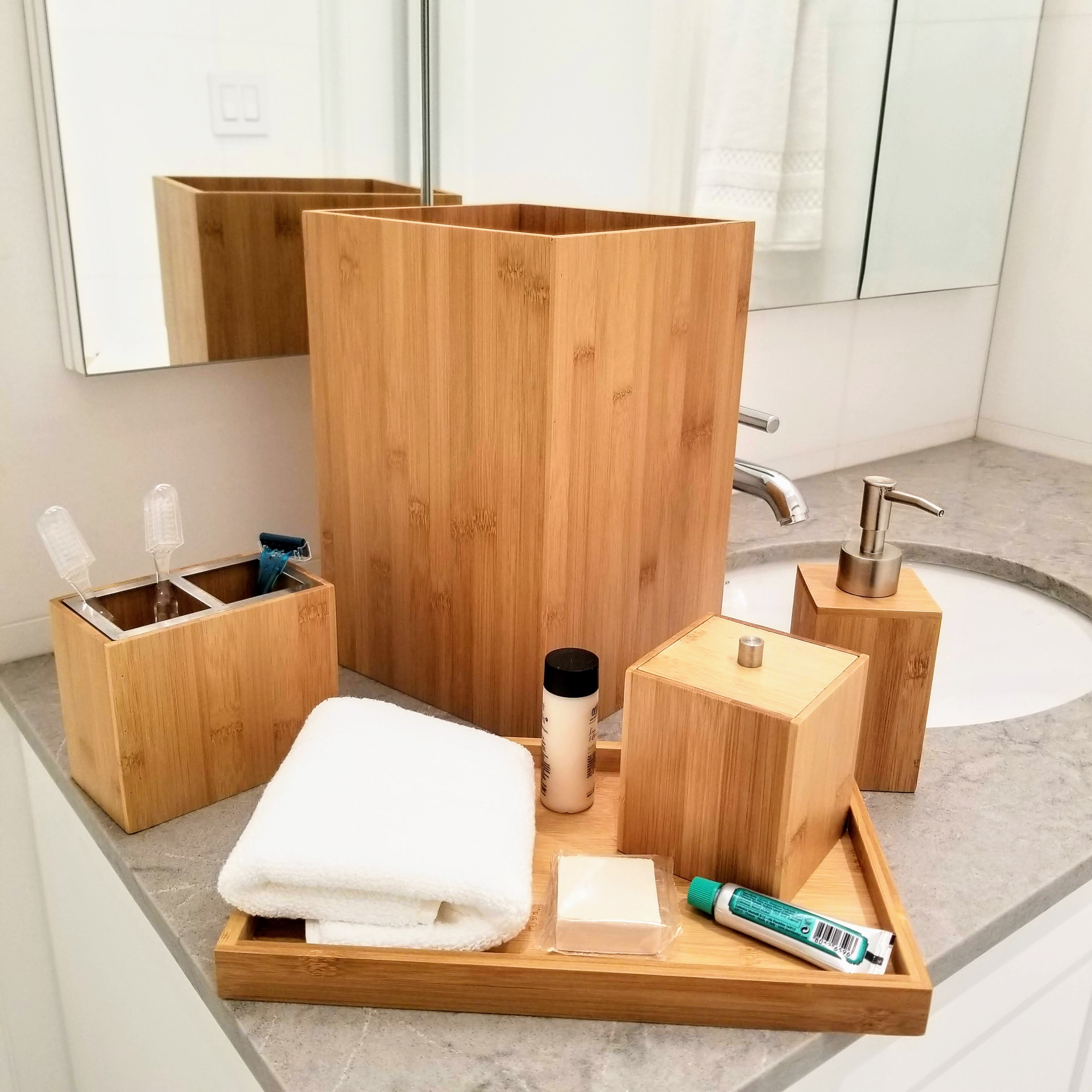 Deluxe 5 Piece Bamboo Bathroom Accessories Set Luxury Vanity Accessory Set 