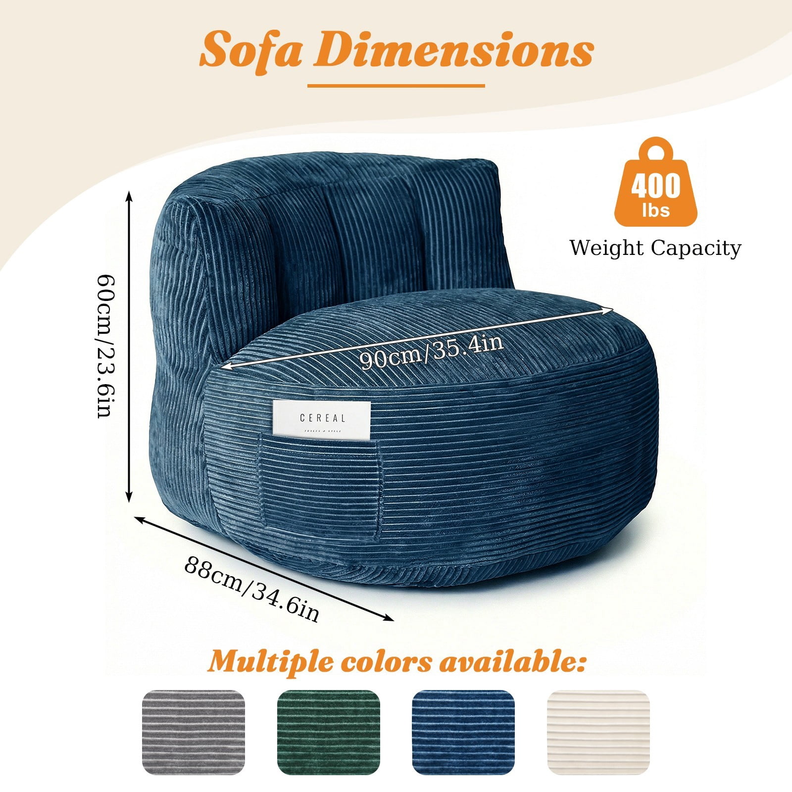 TOPCHANCES Large Bean Bag Chair for Adults, Crushed Foam Floor Chair with Storage Pocket & Carry Handle,  Indoor Lazy Lounger Sofa for Living Room Bedroom, Sea Blue