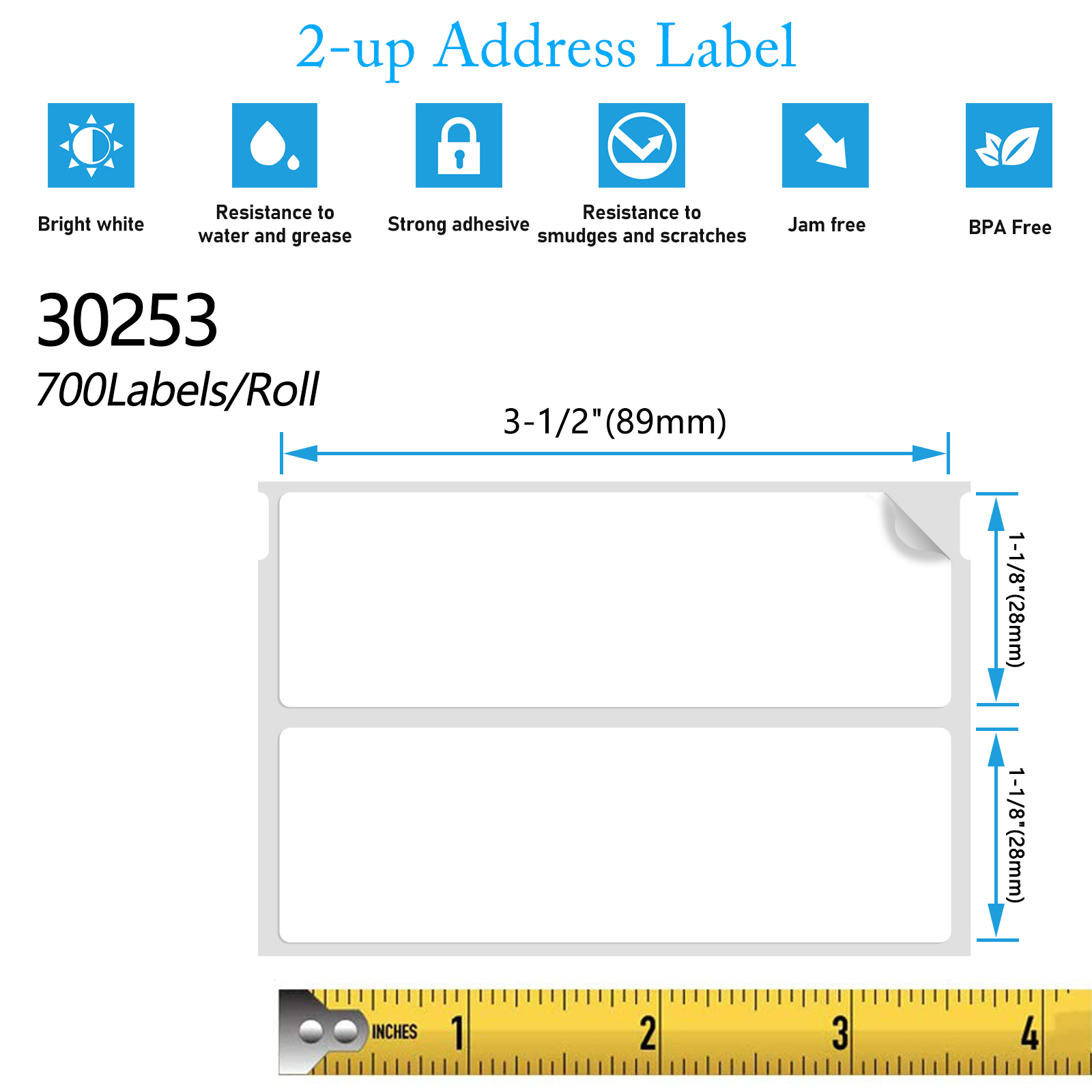 GREENCYCLE 10 Roll (700 labels per roll) Medium White 2-up Address Mailing Multipurpose Labels Compatible for Dymo 30253 1-1/8" x 3-1/2"(28mm x 89mm) LabelWriter Printer,BPA Free