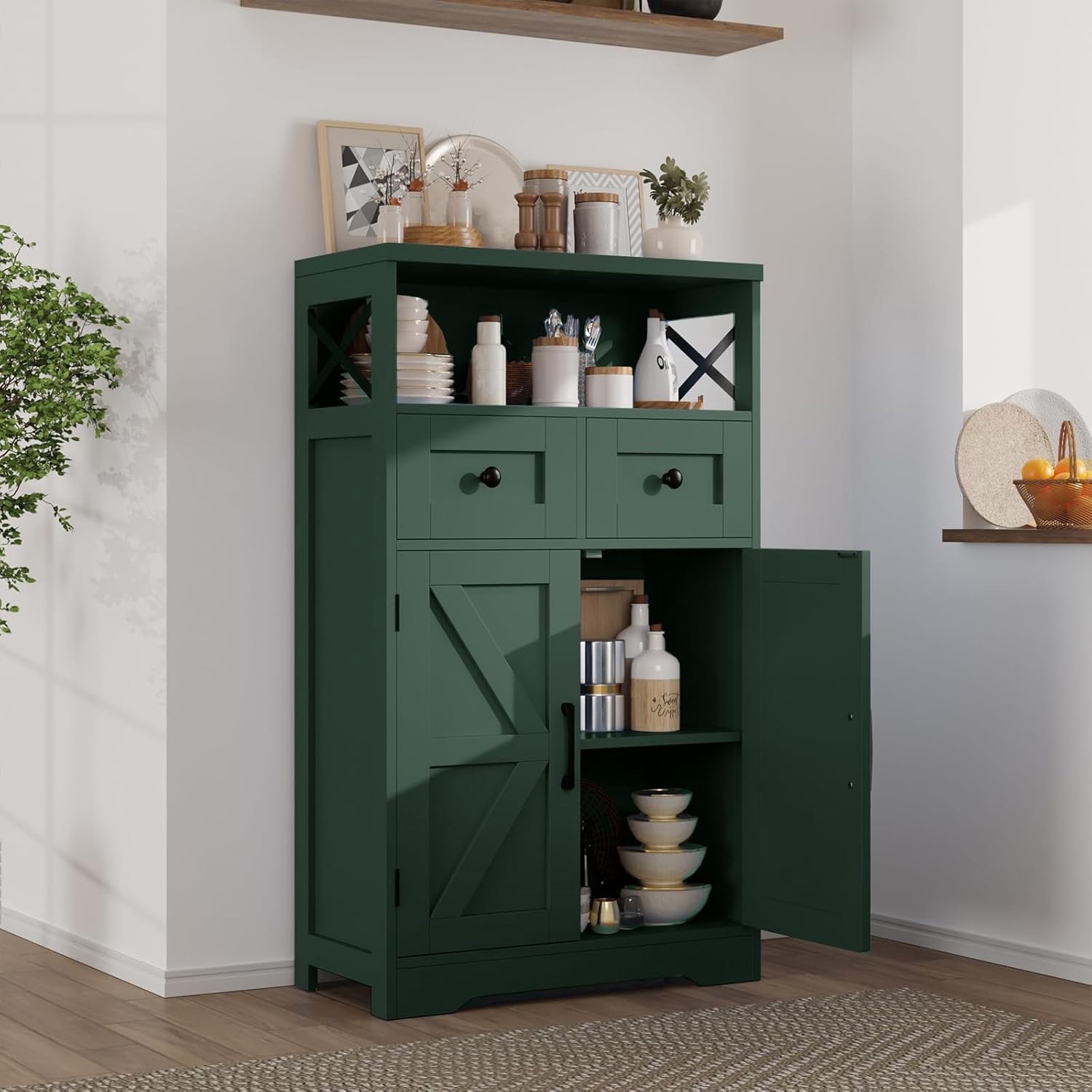 Farmhouse Dark Green Storage Cabinet with Barn Doors and 2 Drawers, Small Freestanding Kitchen Pantry Cabinet, Floor Storage Cabinets Hutch Cupboard for Kitchen/Laundry/Living Room/Bedroom