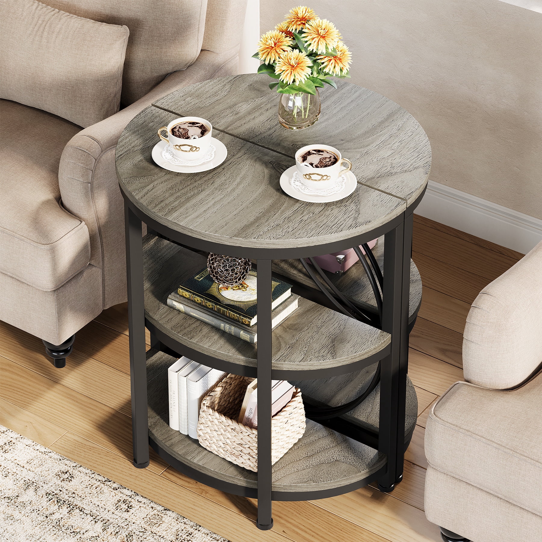 Fnova Farmhouse Half-Moon End Table, 3-Tier Storage Wood Side Table with Metal Frame, Modern Bedside Table, Narrow Sofa Table for Living Room Bedroom, Easy Assembly, Gray
