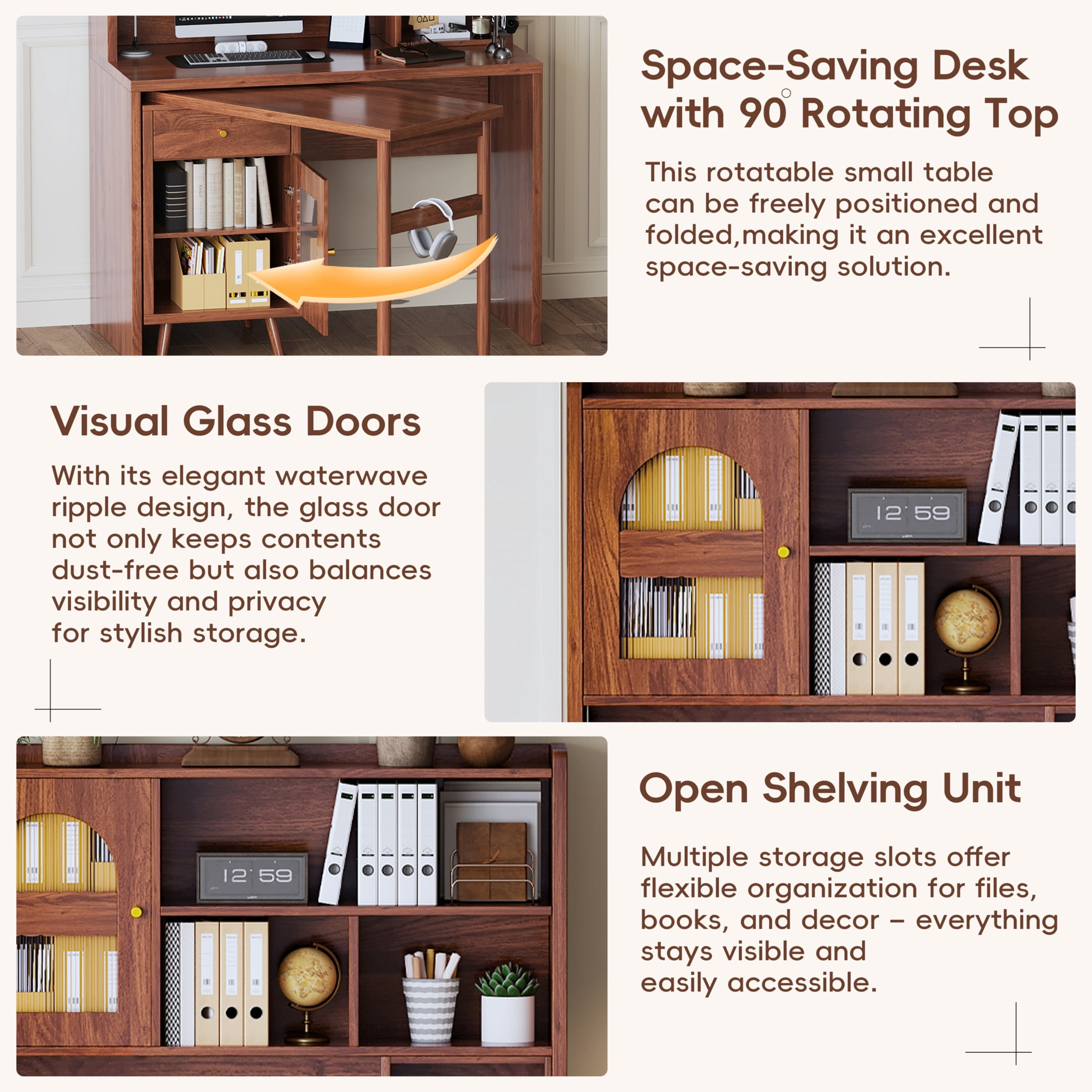 Noble House Rotating Computer Desk with Storage Cabinets, Shelves and Drawer, Walnut
