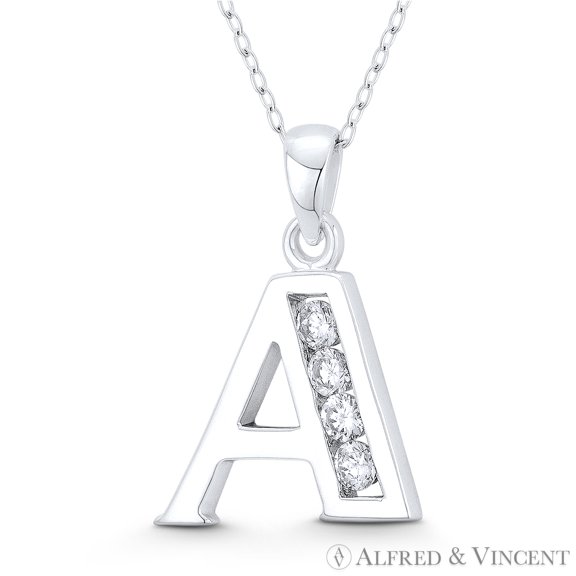 Initial Letter "A" Cubic Zirconia CZ Crystal Charm 24x18mm (0.9in x 0.7in) Pendant & Chain Necklace in .925 Sterling Silver