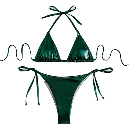 Kitem 2Pcs/Set Women Sexy Bikini Set Bronzing Surface Halter Bra Lace-up Briefs Set Quick Drying Swimsuit Beachwear (Green S)