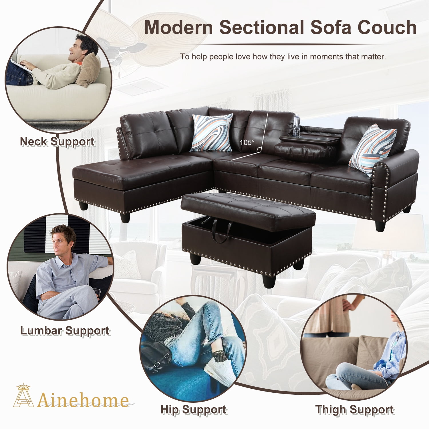 Prilinex Faux Leather Couch Sofa, Modern Nail-Head Design L Shaped Sectional Sofa for Living Room, 3 Piecet L Couch with Storage Ottoman & Cup Holder for Bedroom Apartment, Brown