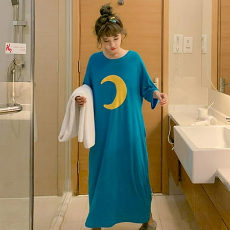 

[BRAND High Quality!]Ladies Nightdress Loose Fit Nightgowns Warm Comfy Lightweight Short Sleeves Casual Printed Sleepwear Pajama