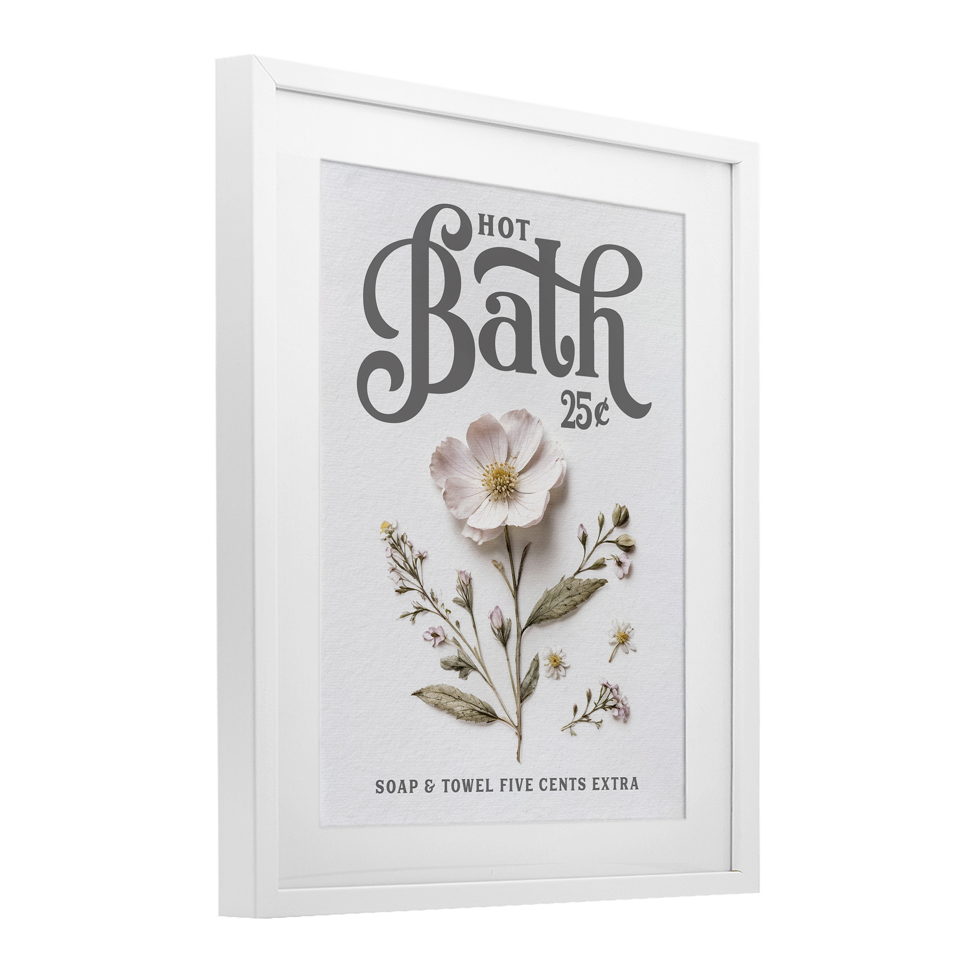 Pressed Flower Vintage Bath White Framed Print Under Glass, design by Lettered and Lined
