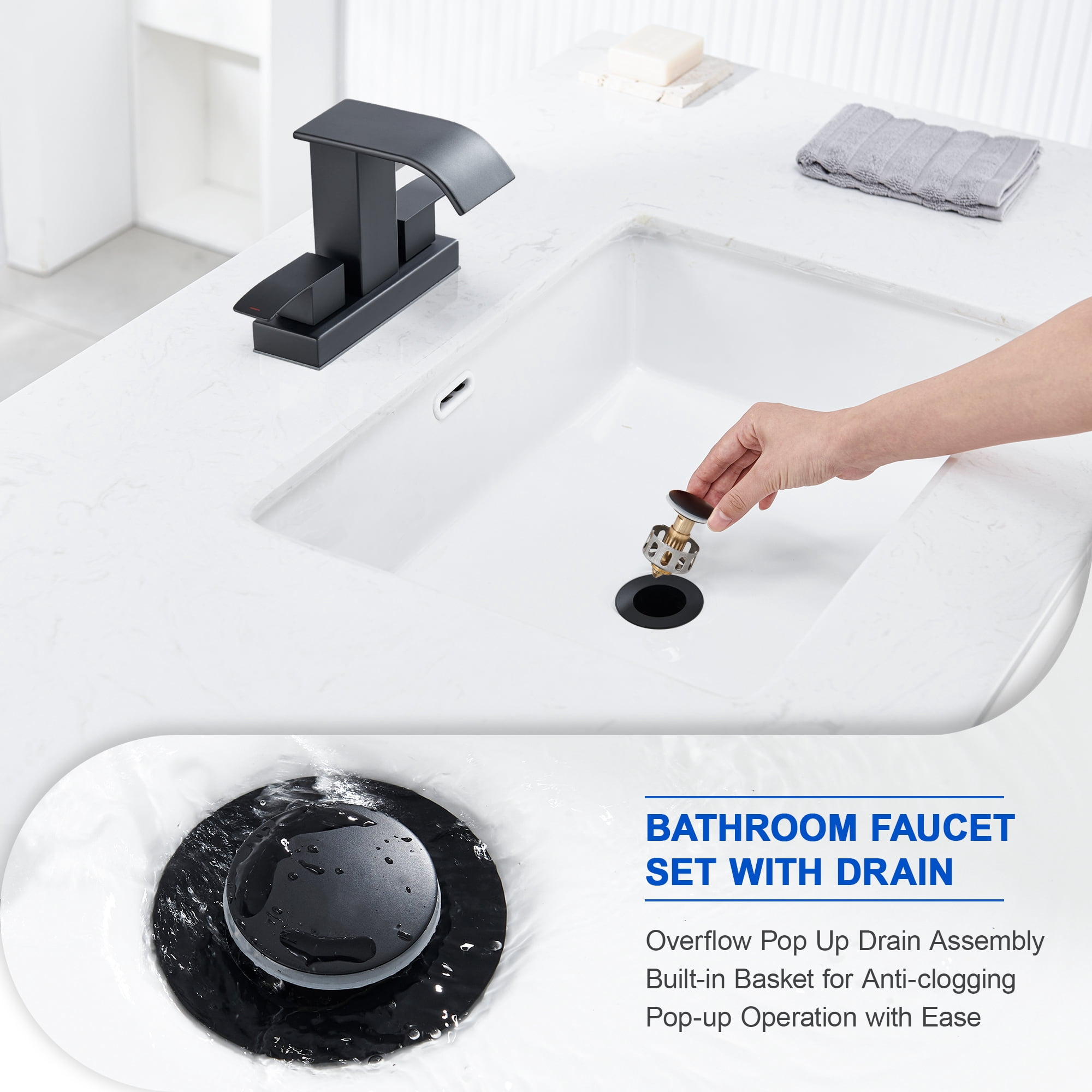 Black Waterfall Bathroom Sink Faucet with Pop up Sink Drain Stopper Overflow for Faucet Vessel, 4 Inch 2 Handles 2 or 3 Holes Centerset Faucet for Lavatory Bathroom Sink with Supply Lines