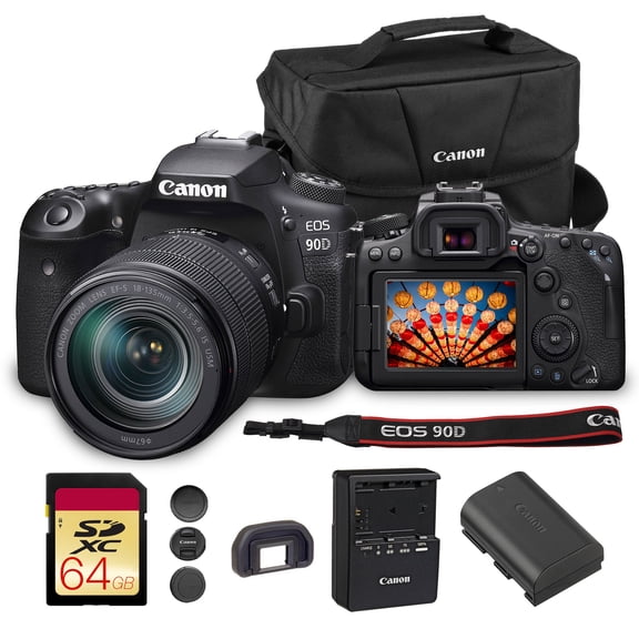 Canon EOS 90D DSLR Camera with 18-135mm Lens | 32.5MP APS-C Sensor, Dual Pixel AF & 4K Video | Ideal for Wildlife, Sports & Travel Photography (3616C016)   Canon EOS 200ES Shoulder Bag   64GB Card