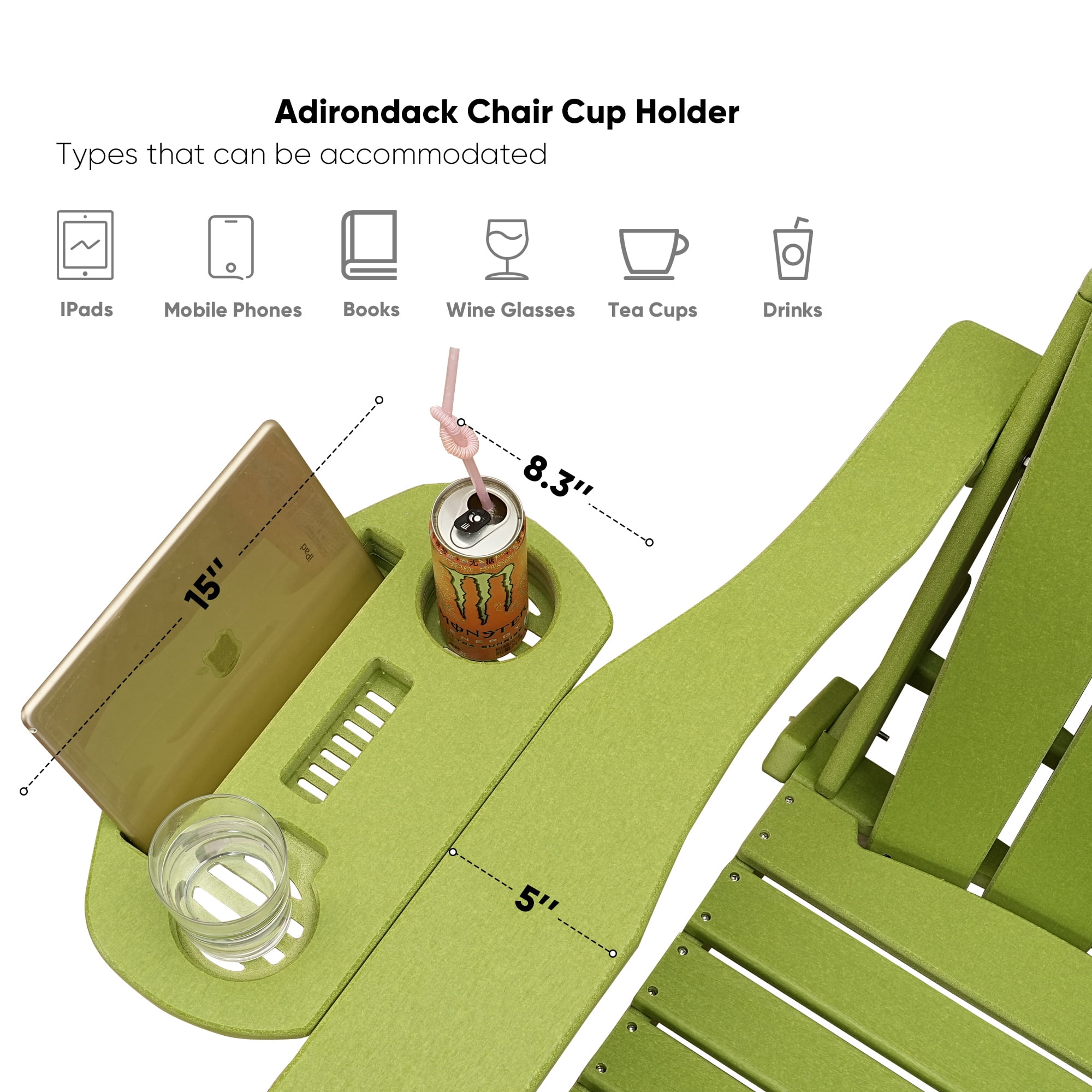 Folding HDPE Adirondack Chair with 4 in 1 Cup Holder Tray Plastic Adirondack Chairs Weather Resistant Lawn Outdoor Firepit Chairs, Light Green