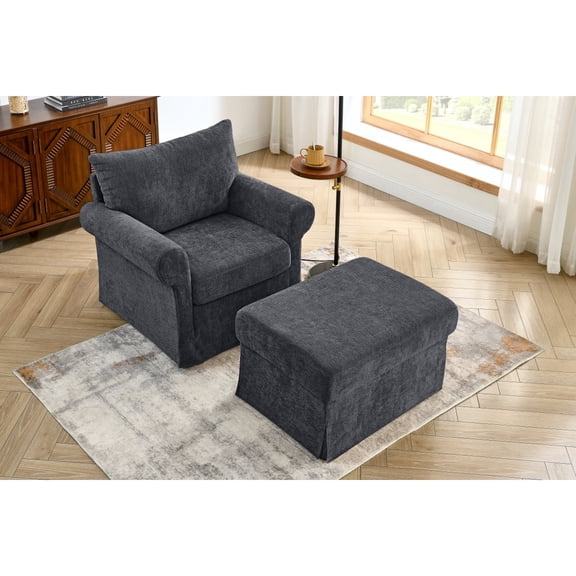 Grey 37.5" Plush Chenille Accent Chair with Ottoman,Comfy Upholstered Single Sofa Armchair for Living Room,Bedroom or Apartment,Space-Saving
