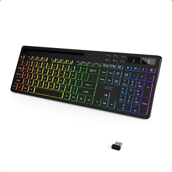 AOC Wireless RGB Backlit Keyboard, Rechargeable, 2.4G, Phone Holder, Compatible with Mac & Windows, Black
