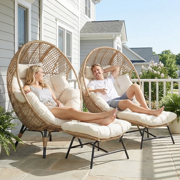 RADIATA Indoor Outdoor Patio Oversized Wicker Egg Chair with Ottoman, Beige Lounge Basket Chair with Cushion, 2PCS 420 lbs Capacity