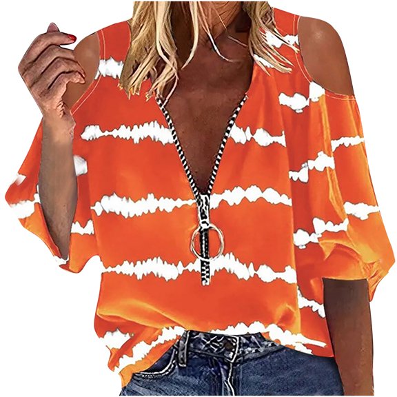 Aoochasliy Womens Tops Summer Clothes Fashion Shirt Cold Shoulder Pullover Blouse Half Sleeve Zipper Floral Printed Tops