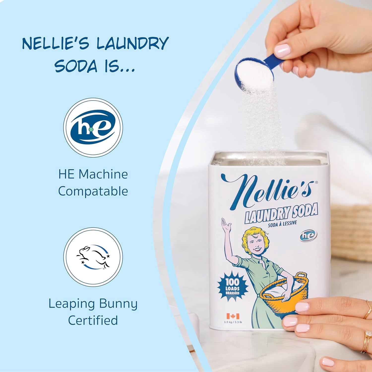 Nellie's Laundry Soda - Concentrated Laundry Detergent Powder - 100 Load Tin - Gentle on Skin and Environment - Fragrance-Free
