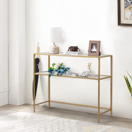 Fithood 39.4" Console Sofa Table, Modern Entryway Table, Tempered Glass Table, Metal Frame, 2 Shelves, for Living Room, Hallway, Gold Color