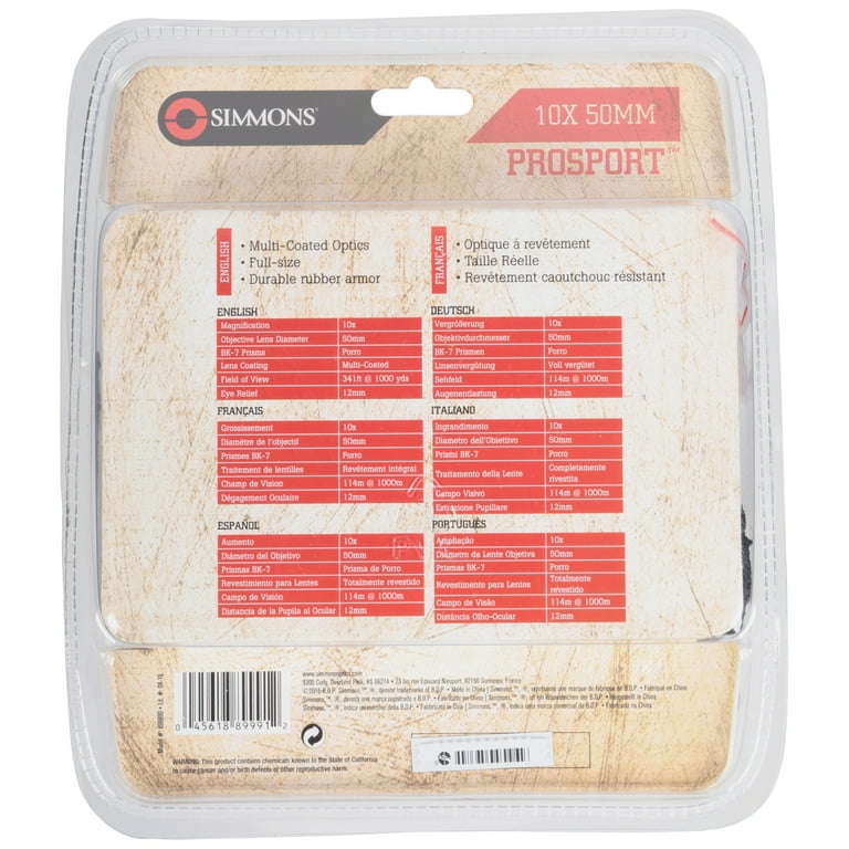 Simmons Optics ProSport 10x50mm Binoculars, Porro Prism, Black