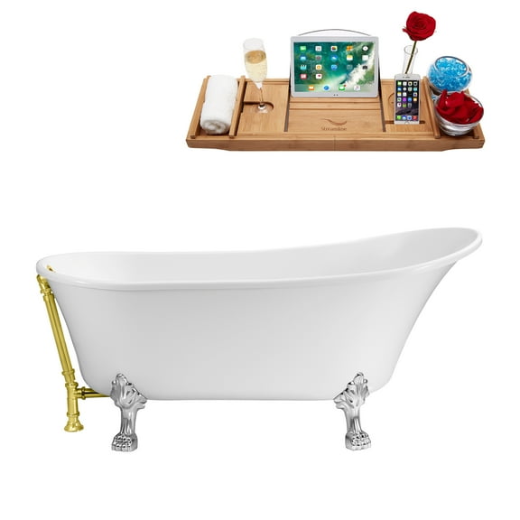 67" Streamline N340CH-GLD Soaking Clawfoot Tub and Tray With External Drain