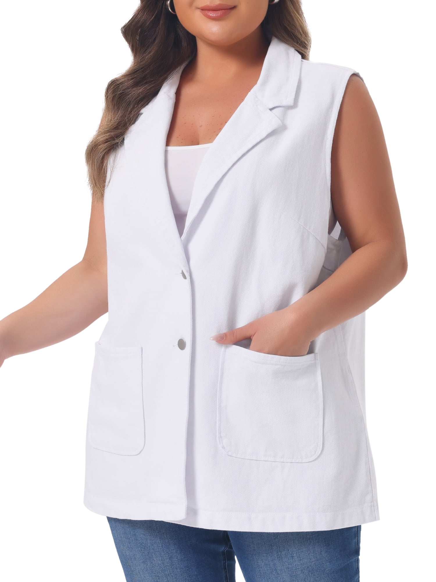 DARING DIVA Women's Plus Size Dressy Sleeveless Long Jean Jacket 1X White