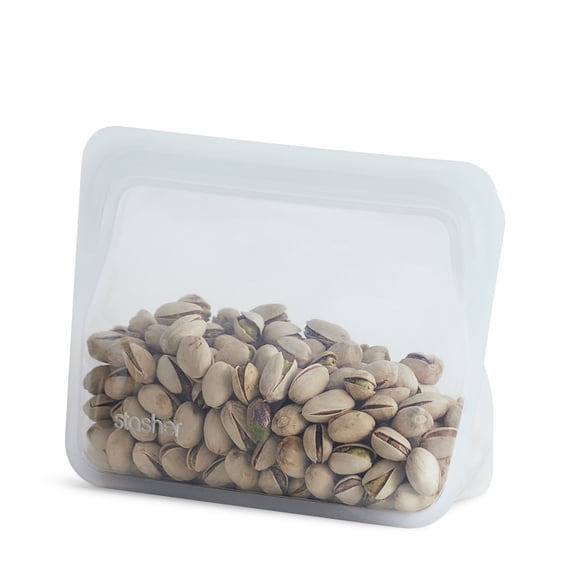 Stasher Premium Food-Grade Silicone Reusable Food Storage Container, Holds 28 oz, Leak Free Pinch Loc Seal, Clear, 1 Stand Up Bag