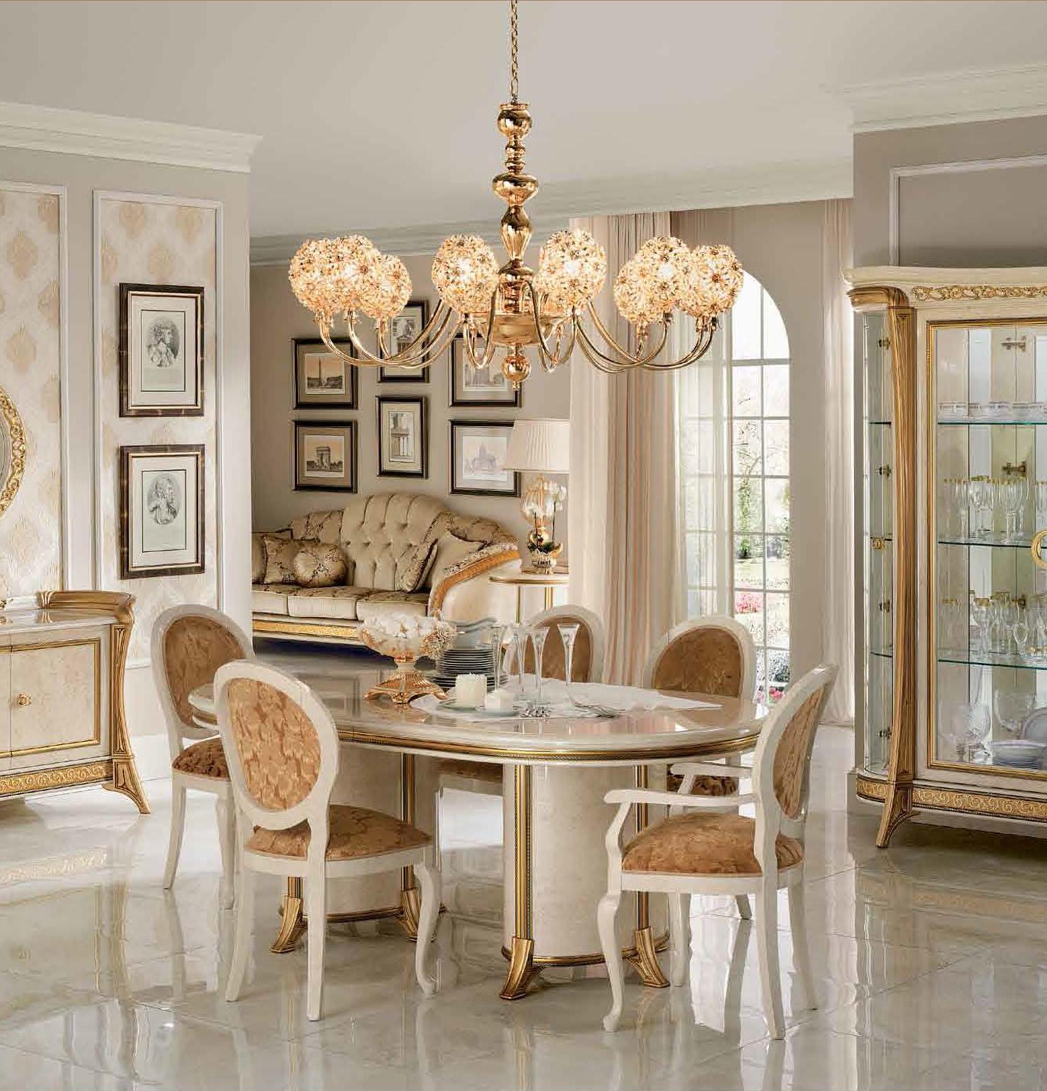 Ivory & Gold Oval Dining Table W/1 EXT Set 7 Melodia ESF Made in Italy Classic