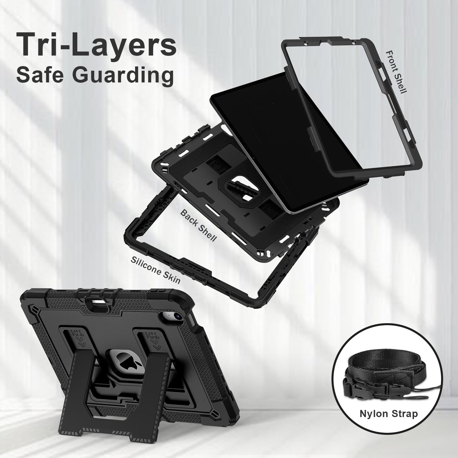 ELEHOLD 3-Layer Rugged Case For Apple iPad Air 11 (2025 / 2024) Heavy Duty Shockproof Cover, [Drop Protection], [Logo Visible], With Kickstand & Pencil Holder & Shoulder Strap, Black