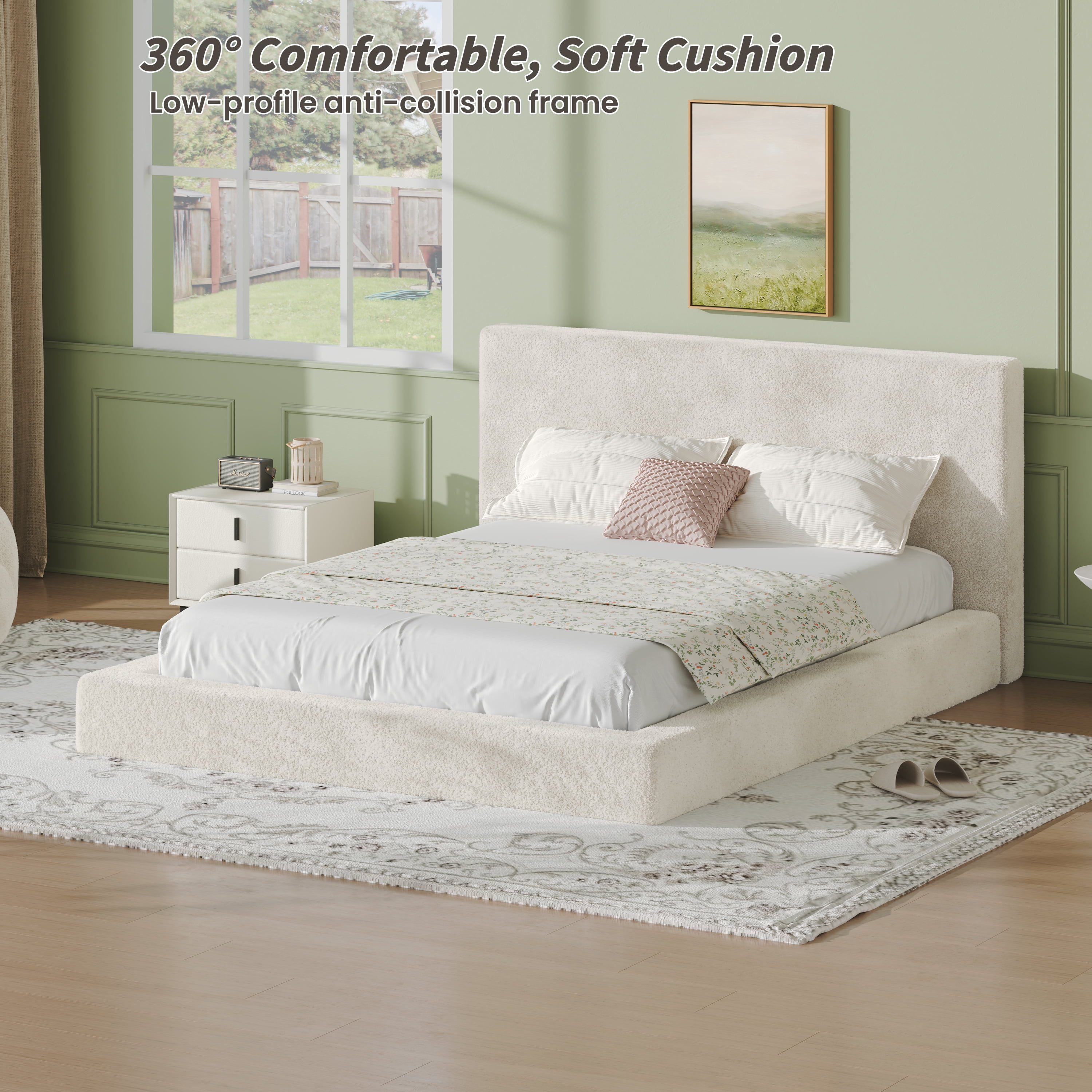 Frameless Queen Bed Surround with Cloud Sponge Cushion, 8.7 Inch Soft Anti-Collision Bed Edge, Upholstered Bed Frame Wrap for All Ages, Bedroom, Off-White