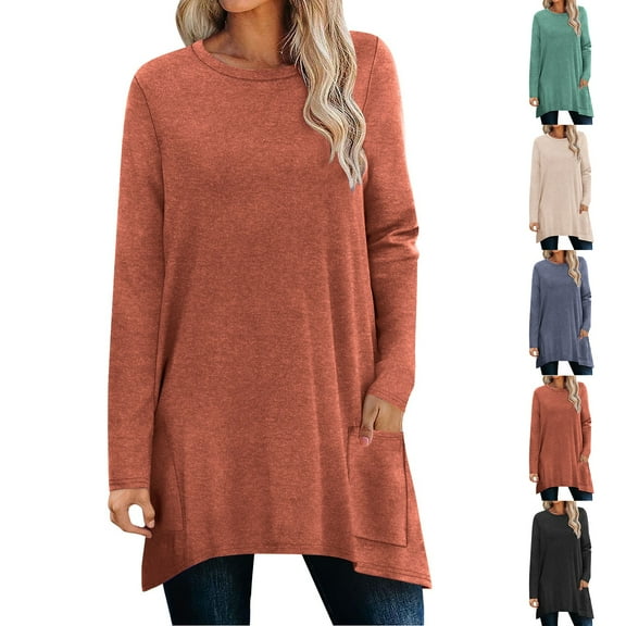 Miluxas Women's Long Sleeve Round Neck Shirts Fall Solid Color Loose Casual T-Shirt Top with Pocket Orange XL(XL)
