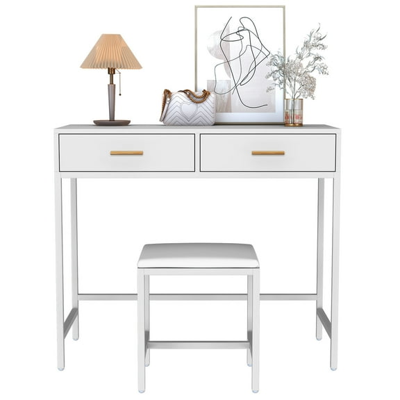 Caulitar Home Office Writing Desk with Drawers, Modern Study Table with Stool for Teens, White