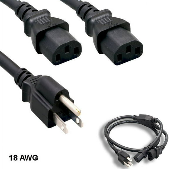 Kentek 6 Feet Ft Power Extension Y-Splitter Cable 5-15P to 2X C13 18AWG 10A 125V SJT