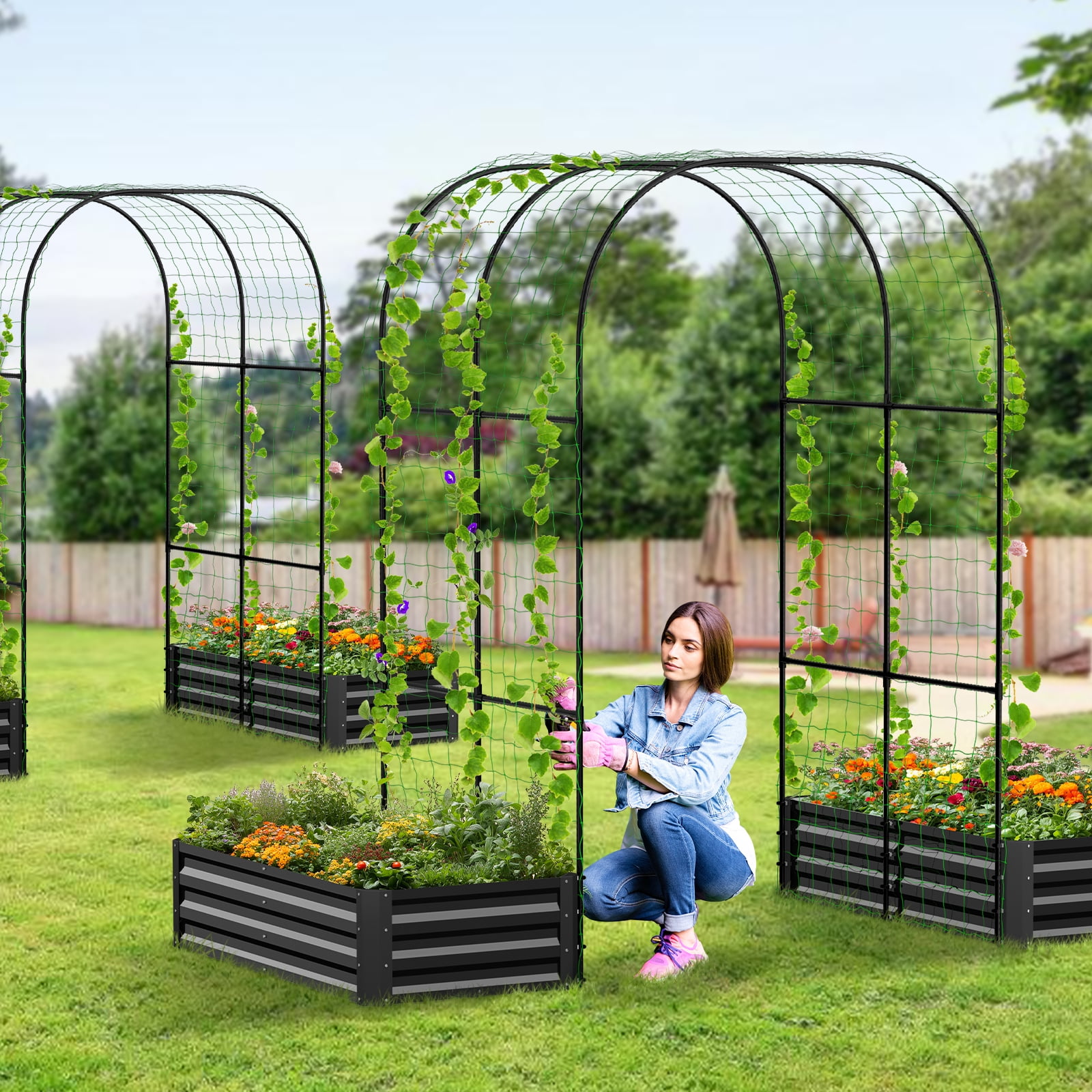 Slsy 3 in 1 Galvanized Raised Garden Bed with 85in Tall Arch Trellis for Climbing Vegetables Flowers Herbs, Metal Raised Garden Bed Kit with Trellis, Plant Ties, Climbing Supporting Netting