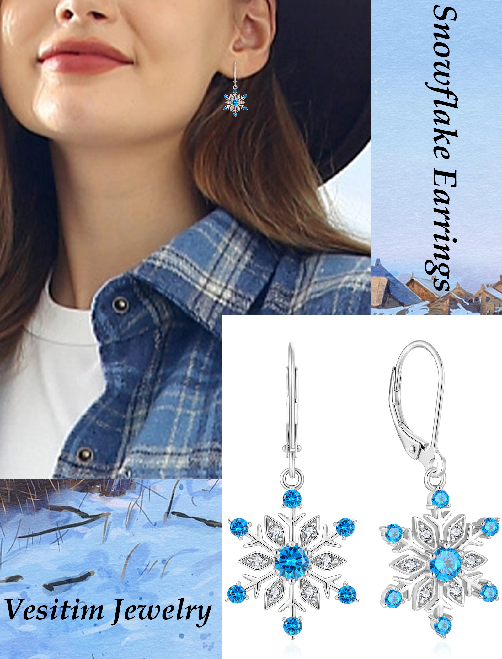 VESITIM Snowflake Earrings for Women 925 Sterling Silver Winter Dangle Drop Earrings Birthstone Created Aquamarine Leverback Jewelry for Christmas Gifts