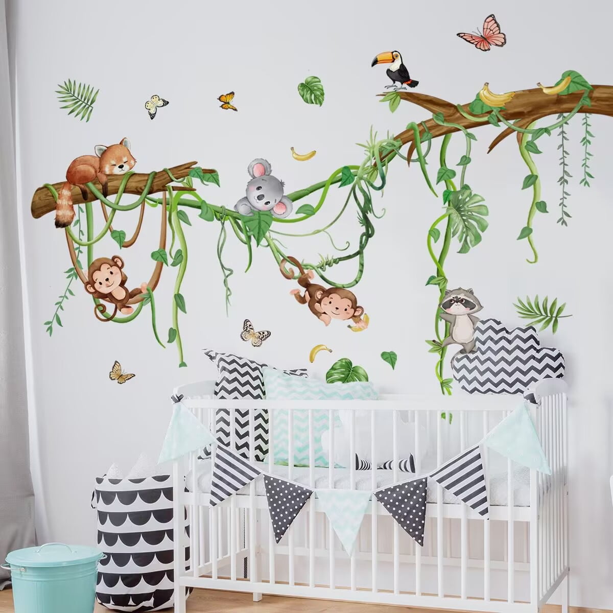 Monkey Climbing Tree Wall Decals Jungle Animals Wall Stickers Removable Vinyl Wall Art Sticker for Girls Baby Nursery Kids Bedroom Living Room Bathroom