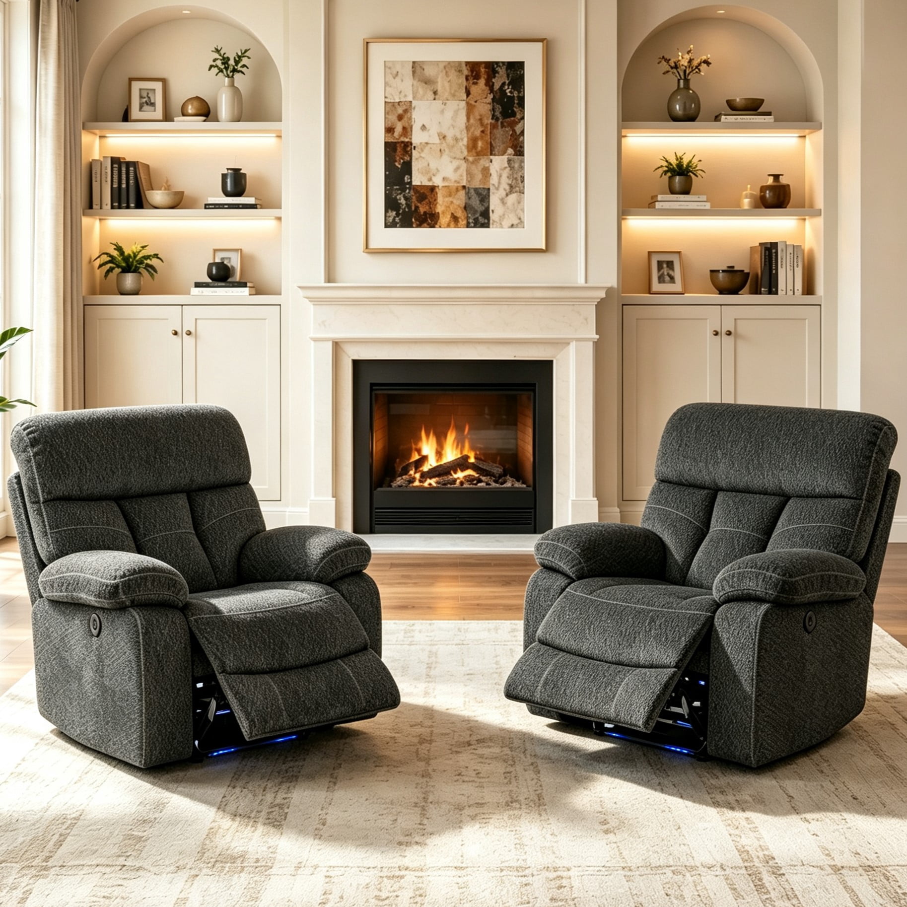 Gewnee Power Recliner Chair, Adjustable Reclining Lounge Chair with USB Ports, LED Lights, Flocking Upholstered Single Sofa Recliner for Living Room, Office, Grey