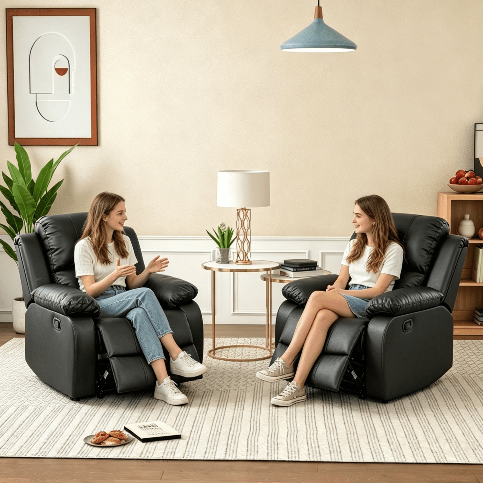 Gewnee PU Manual Recliner Chair Set of 2,Single Sofa Recliners,Adjustable Backrest,Comfort Lazy Chair for Living Room,Bedroom.Black