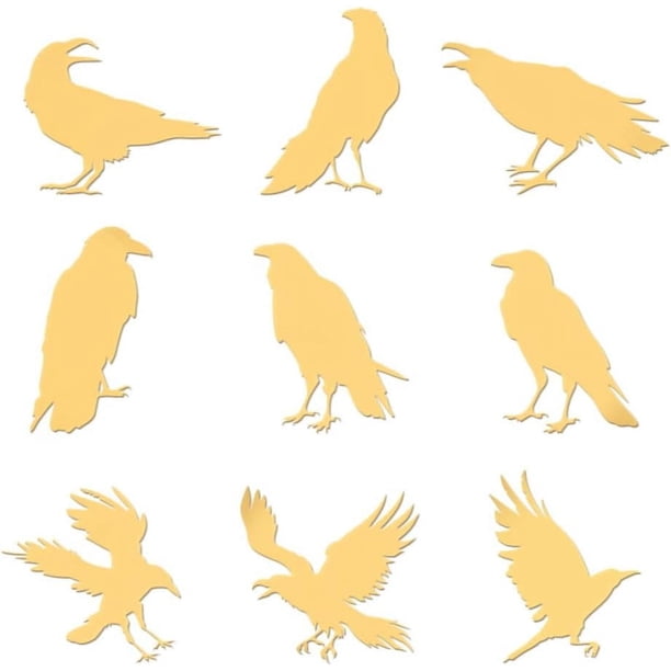 9 pegatinas autoadhesivas de metal dorado con temática de cuervo de 1,6 x 1,6 pulgadas, con temática animal.
