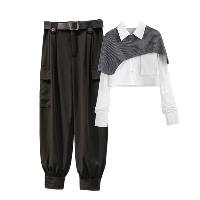 Jumpingount Camisa de piezas para mujer, pantalones, conjunto de patrón de empalme, camisa chal, Retro, informal, ligero, portátil, ropa para conjuntos de ropa Blanco Gris Negro 2 Jumpingount AP013495-14