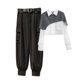 thumbnail image 1 of Guardurnaity Camisa de piezas para mujer, pantalones, conjunto de patrón de empalme, camisa chal, Retro, informal, ligero, portátil, ropa para conjuntos de ropa Blanco Gris Negro 4 Guardurnaity AP013495-16, 1 of 6