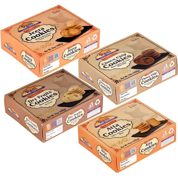 Rani Cookies Variety Pack of 4 (Jeera, Choco Chip, Dry Fruits, Atta) 14oz (400g) each Indian Cookies ~ Vegan | Non-GMO | Indian Origin