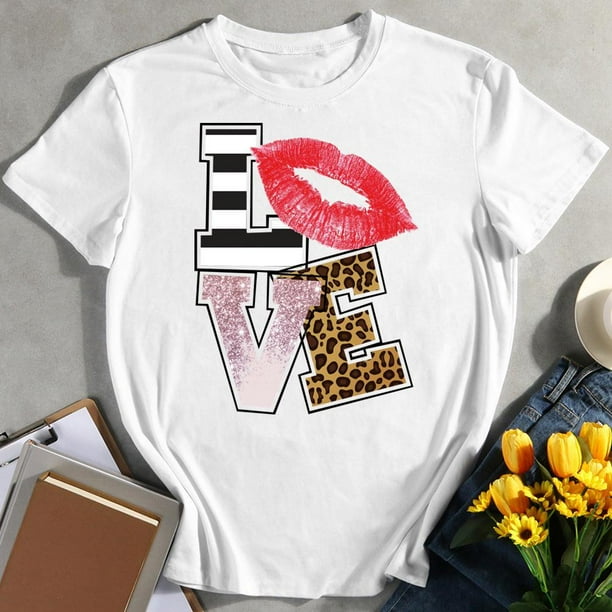 Día De San Valentín Lip Love Ladies Cuello Redondo Camisetas De Manga Corta Para Mujer Likrtyny Arte Deco