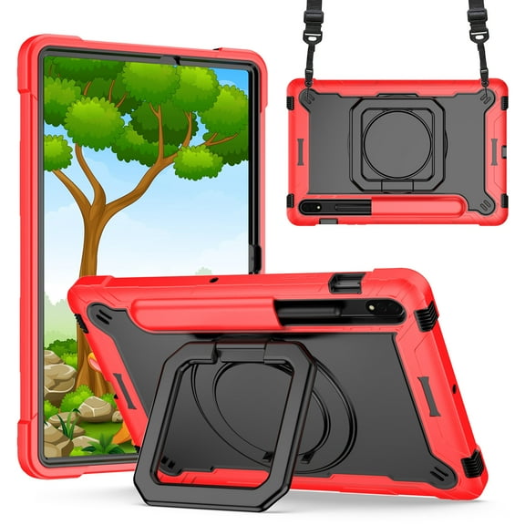 Case For Samsung Galaxy Tab S8 / Tab S7 Hevy Duty Hybrid Armor 3in1 with 360 Degree Rotating Kickstand & Shoulder Strap Shockproof Tablet Cover [ Red / Black ]