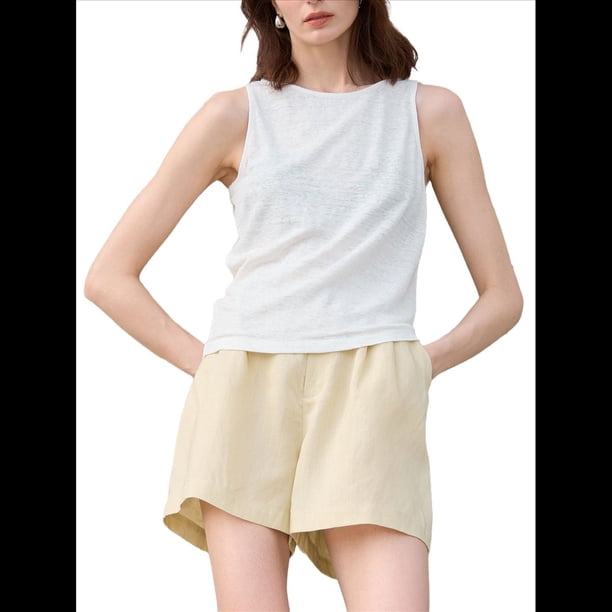 Blusas de Verano Informales Elegantes con Cuello Drapeado para Mujer, Sin Mangas, Fruncidas, Elegantes Cuello Redondo S