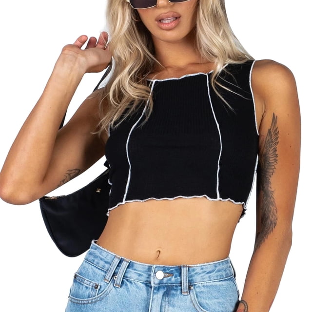 Top corto con cuello redondo, camisetas sin mangas versátiles, sin mangas, transpirables, con espalda cruzada, para mujeres y niñas, negro S